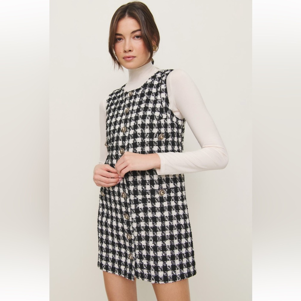 NWT Reformation Tropez Tweed Shift Dress Black Check